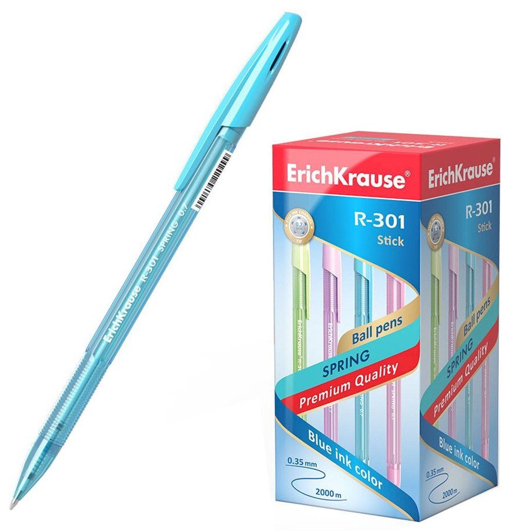 Ручка шариковая ErichKrause R-301 Spring Stick, синяя, 0,7 мм, толщина линии 0,35 мм, 50 штук