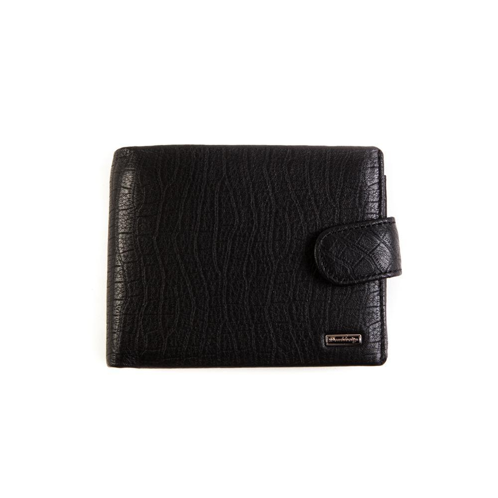 Стильный мужской чёрный кошелёк бумажник портмоне RFID-защитой от считывания из натуральной кожи с отделением для техпаспорта 079-DC31-05A в фирменной коробке