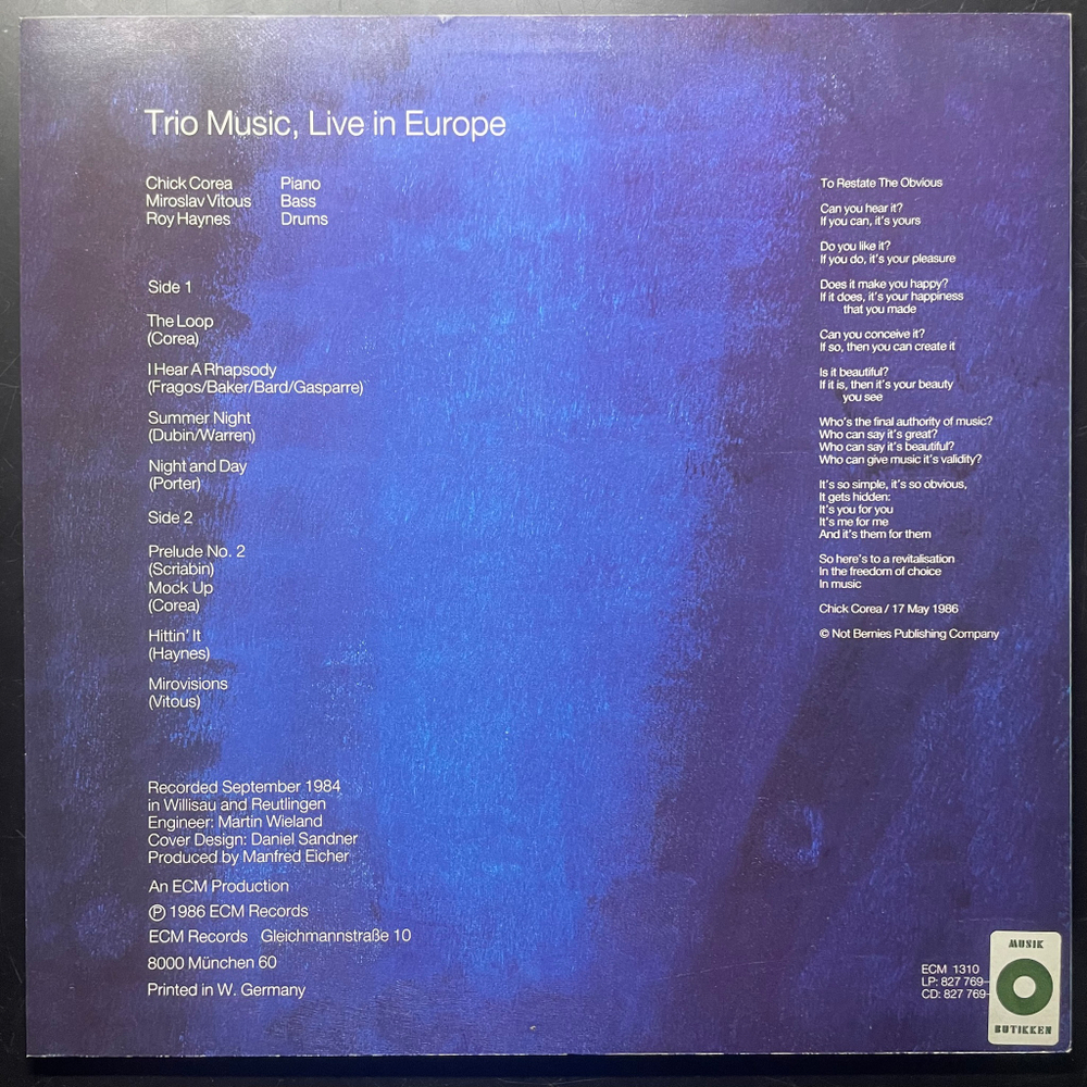 Chick Corea, Miroslav Vitous, Roy Haynes ‎– Trio Music, Live In Europe (Германия 1986г.) ECM