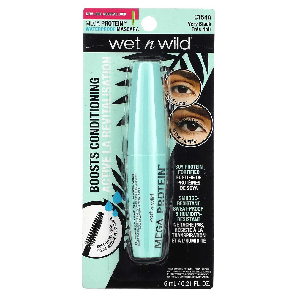 wet n wild, Водостойкая тушь для ресниц Mega Protein, C154A Very Black, 6 мл (0,21 жидк. Унции)