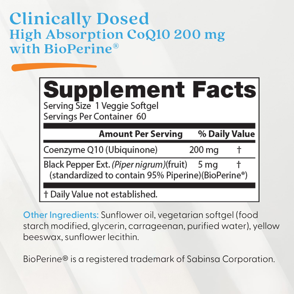 Doctor's Best, коэнзим Q10 с высокой степенью всасывания, с BioPerine, 200 мг, 60 вегетарианских мягких таблеток
