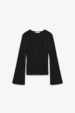 ZARA ФУТБОЛКА С ДЛИННЫМИ РУКАВАМИ И СБОРКАМИ, ЧЕРНЫЙ