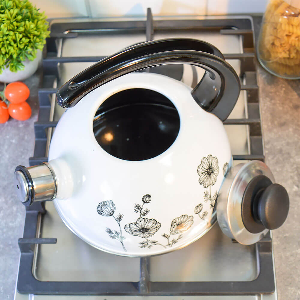 Чайник 2,5л со свистком, консольная ручка, белый "Черная космея"