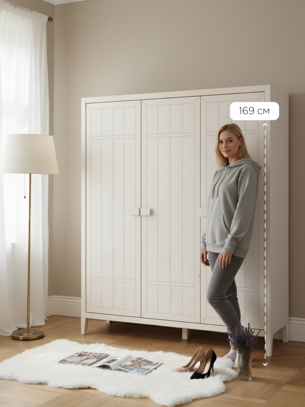 Шкаф для одежды Карлос из сосны, 3 двери, 154х50х173, со штангой и полками, белый воск