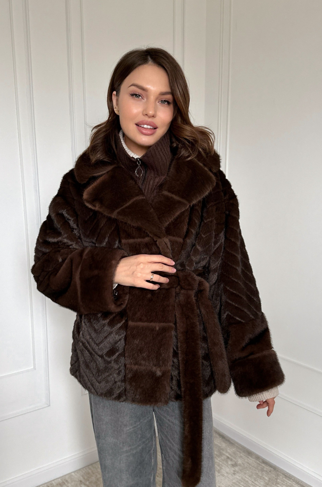 Эко - шуба норка в цвете «соболь» со сьемной шерстяной манишкой