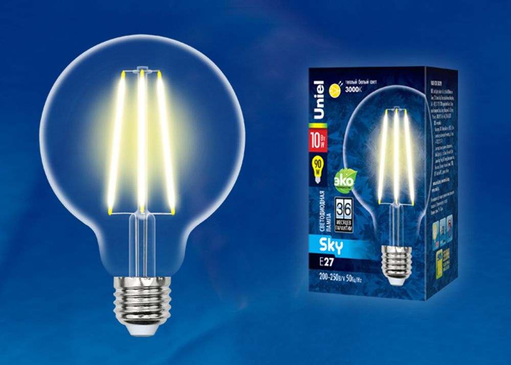 LED-G95-10W/3000K/E27/CL PLS02WH Лампа светодиодная. Форма шар, прозрачная. Серия Sky. Теплый белый свет (3000K). Картон. ТМ Uniel.