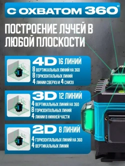 Лазерный уровень нивелир 4D 16 линий зеленый луч 360 с подставкой, KENT MTZ360-16L