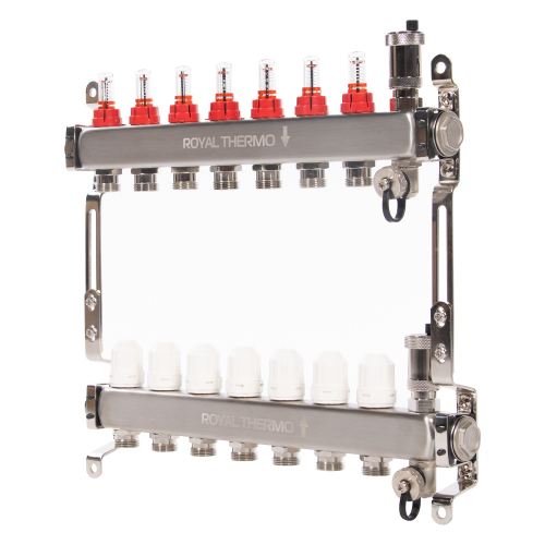 Коллектор Royal Thermo нерж. в сборе с расходомерами 1" ВР-3/4" НР с автомат. воздухоотвод-ми 7 вых.