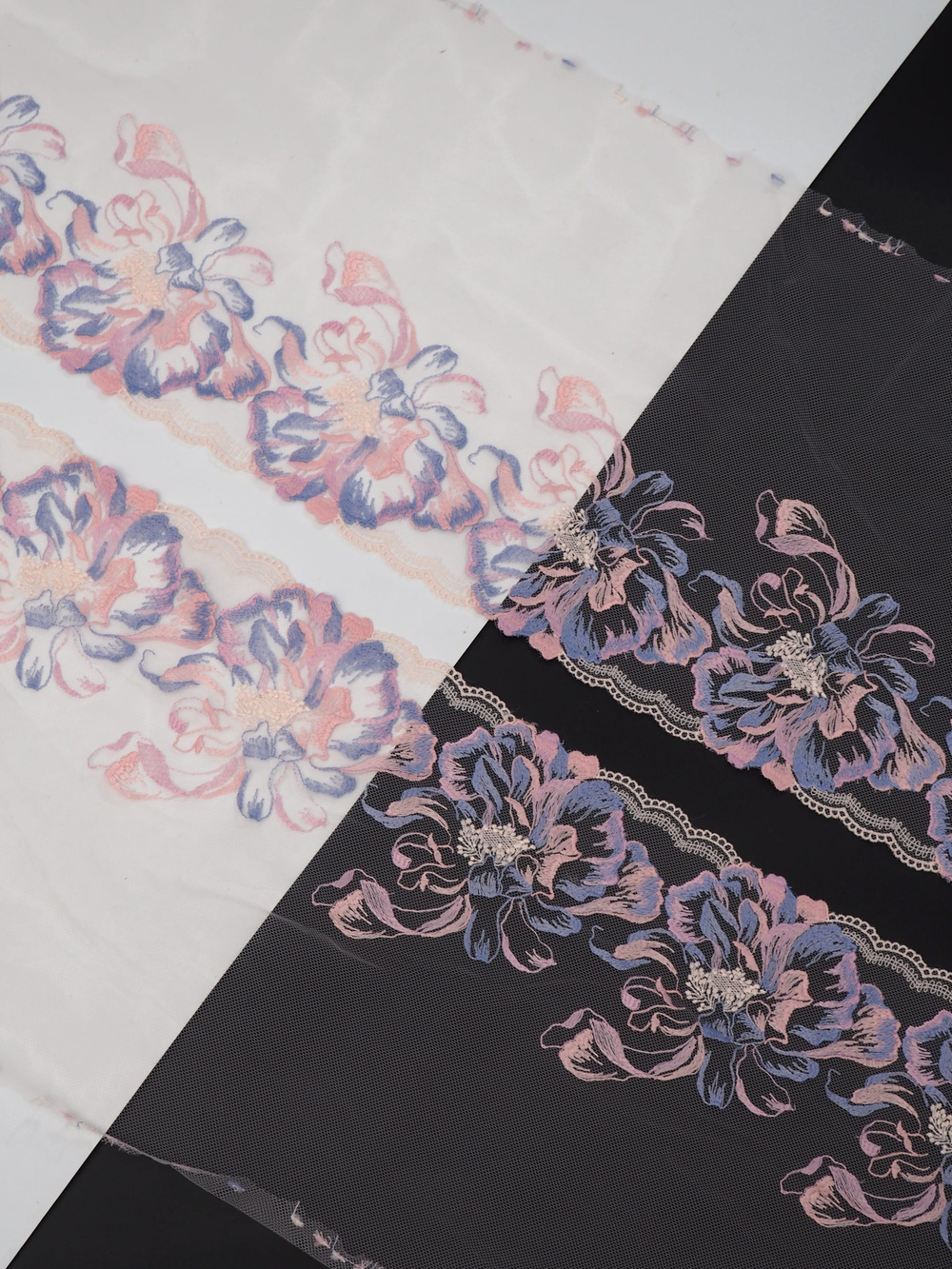 Вышивка на сетке нежно-розовая с пудровым и серенево-голубым ширина 23 см ОТРЕЗ 1+1 м