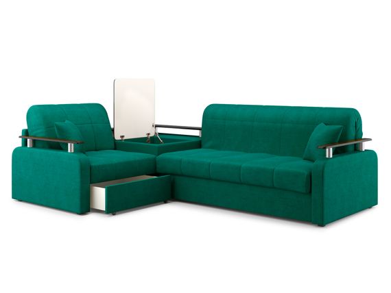 Диван угловой с Баром Денвер 1,8 - Velutto 33 изумрудный/  коричневая накладка