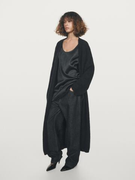 Massimo Dutti Длинный кардиган из ворсованной смесовой альпаки, темно-синий