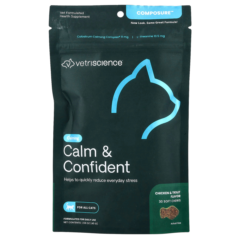 VetriScience, Composure™, Calm & Confident, для всех кошек, со вкусом курицы и форели, 30 жевательных таблеток, 45 г (1,59 унции)