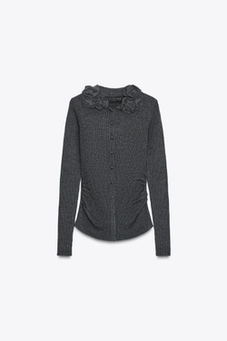 ZARA КАРДИГАН ИЗ ШЕРСТИ С ОБЪЕМНЫМИ ЦВЕТАМИ, АНТРАЦИТОВО-СЕРЫЙ