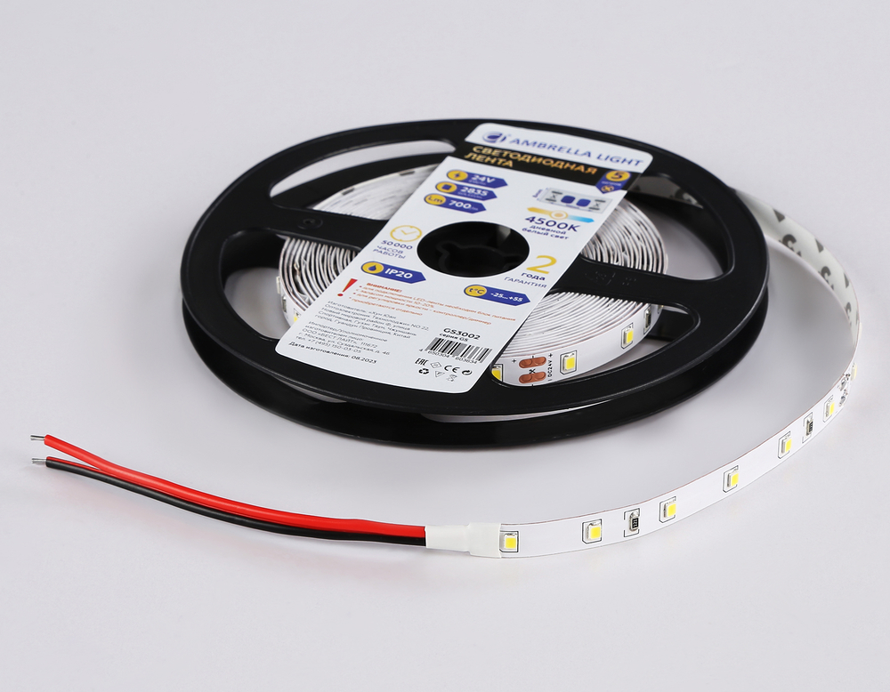 Светодиодная лента GS3002 2835 60Led/ 6W m/ 24V IP20 4500K/ 5000*8*1.2mm/ кратность резки 100mm (2 конт.)