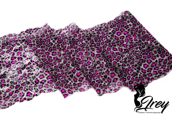03-194 Кружево эластичное 18 см, леопард, серый/розовый