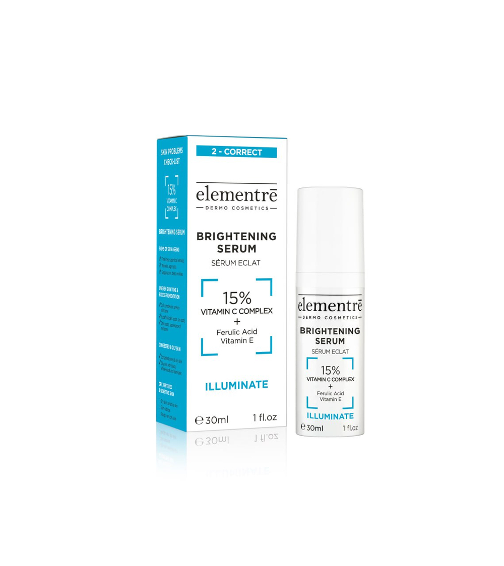 Осветляющая сыворотка с 15% витамином С 15% VITAMIN C - BRIGHTENING SERUM 30 ml от Elementrè Dermo Cosmetics, Швейцария, придает коже яркость и естественное сияние, помогает выравнивать тон кожи, способствует уменьшению видимости пигментации