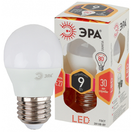 Лампочка светодиодная ЭРА STD LED P45-9W-827-E27 E27 / Е27 9Вт шар теплый белый свет