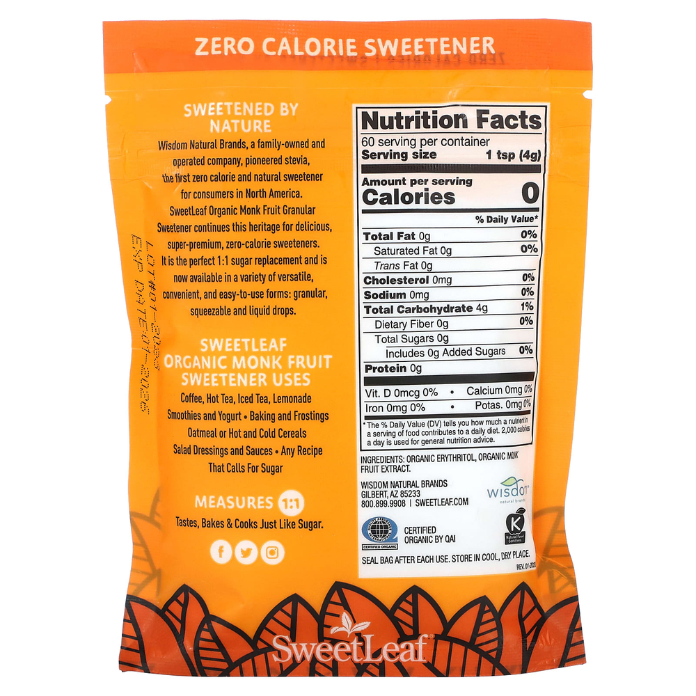 SweetLeaf Stevia, Органический подсластитель Monk Fruit, гранулированный, 240 г (8,47 унции)