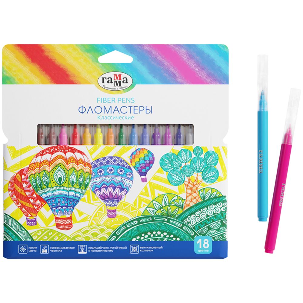 Фломастеры 18 цветов Гамма Классические, смываемые, картонная упаковка