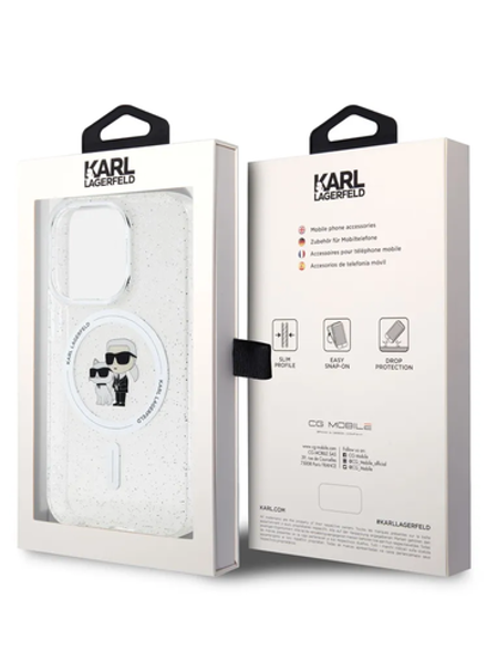 Силиконовый чехол с блёстками MagSafe Карл и Кот на iPhone 15