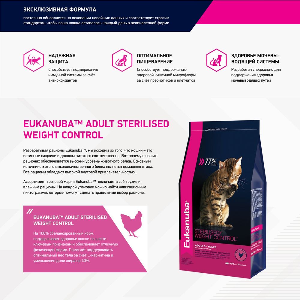 Сухой корм Eukanuba Adult Sterilised Weight Сontrol для стерилизованных кошек с избыточным весом