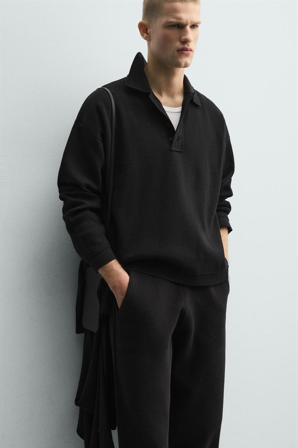 ZARA ХЛОПКОВОЕ ТРИКОТАЖНОЕ ПОЛО, ЧЕРНЫЙ