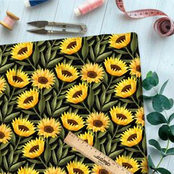 Ткань оксфорд 210 яркие подсолнухи на чёрном фоне