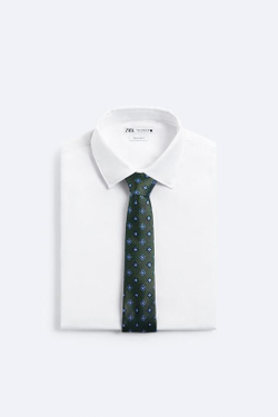 ZARA ГАЛСТУК ИЗ 100% ШЕЛКА С ПРИНТОМ, ЗЕЛЕНЫЙ