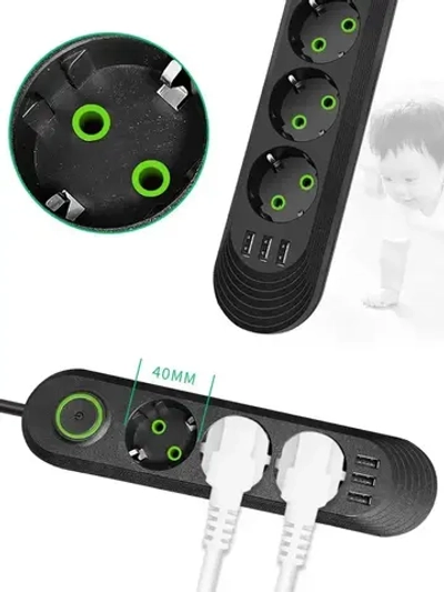 Удлинитель сетевой фильтр 10 метров 3 розетки 3 USB Черный