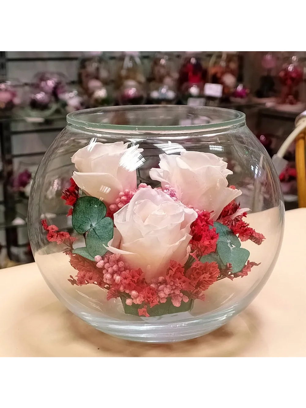 натуральные кустовые розы в стекле, вакуум*