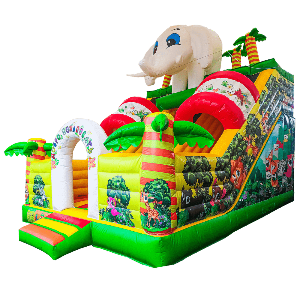 Детский надувной батут-горка "Слоник в джунглях" с прямым скатом 7*5*6 м