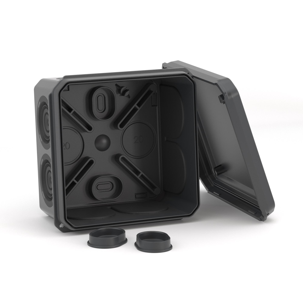 Коробка ответвительная с 8+2 кабельными вводами д.20/20мм, IP55,70х70х40мм, черный