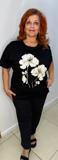 Черный блузон-футболка с цветочным принтом