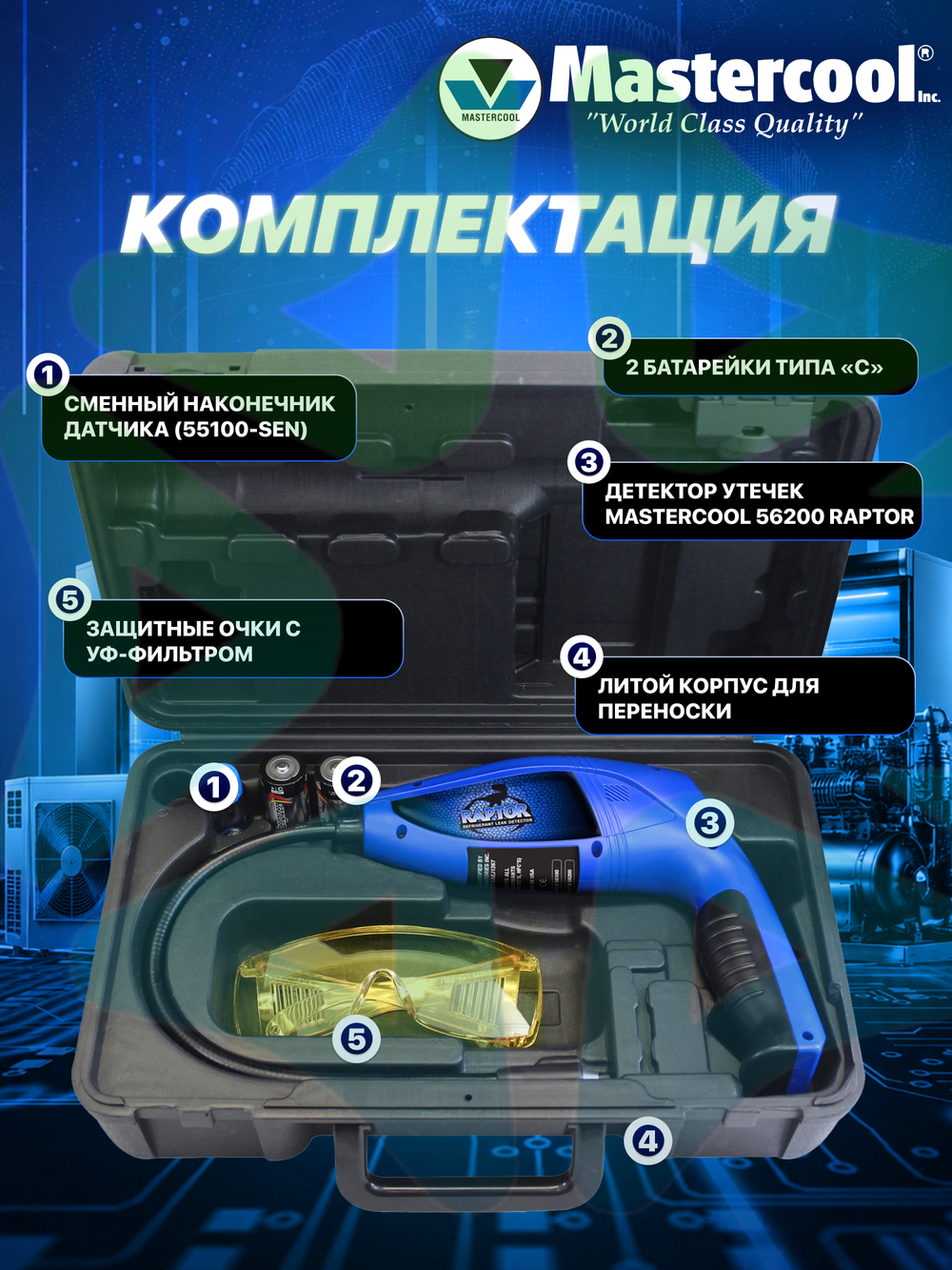 Электронный течеискатель RAPTOR 56200 для поиска утечки хладагента с УФ-подсветкой в кейсе