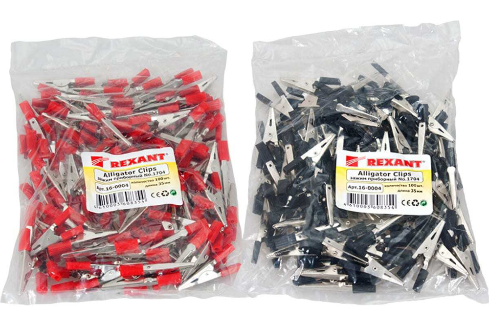 Зажим крокодил REXANT 5 А 52 мм черный и красный 200 шт 16-0004