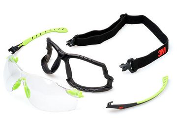 Очки защитные 3M™ Solus™ 1000, комплект с уплотнителем и ремнём оголовья, поликарбонат, открытые, линзы прозрачные, оптический класс №1, покрытие против запотевания и царапин Scotchgard™ Anti-Fog  K&N, дужки чёрно-зелёные