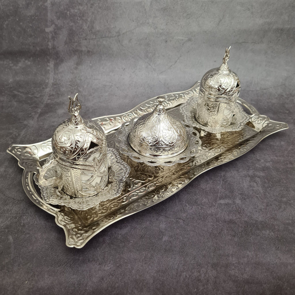 Кофейный набор "Lale" на 2 персоны с лукумницей и подносом/ACAR. Турция (серебристый)