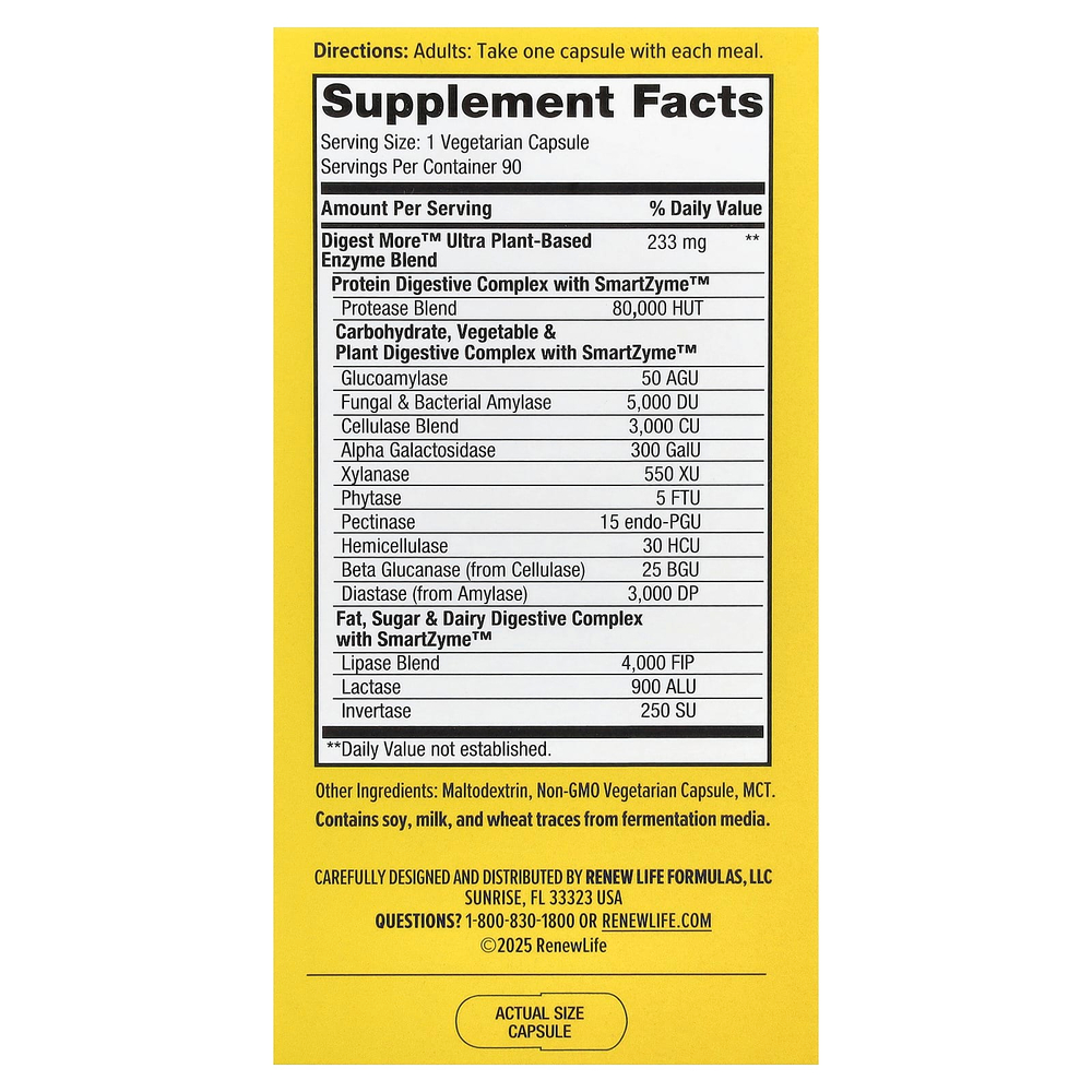 Renew Life, DigestMore™ Ultra, ферменты растительного происхождения, 90 вегетарианских капсул