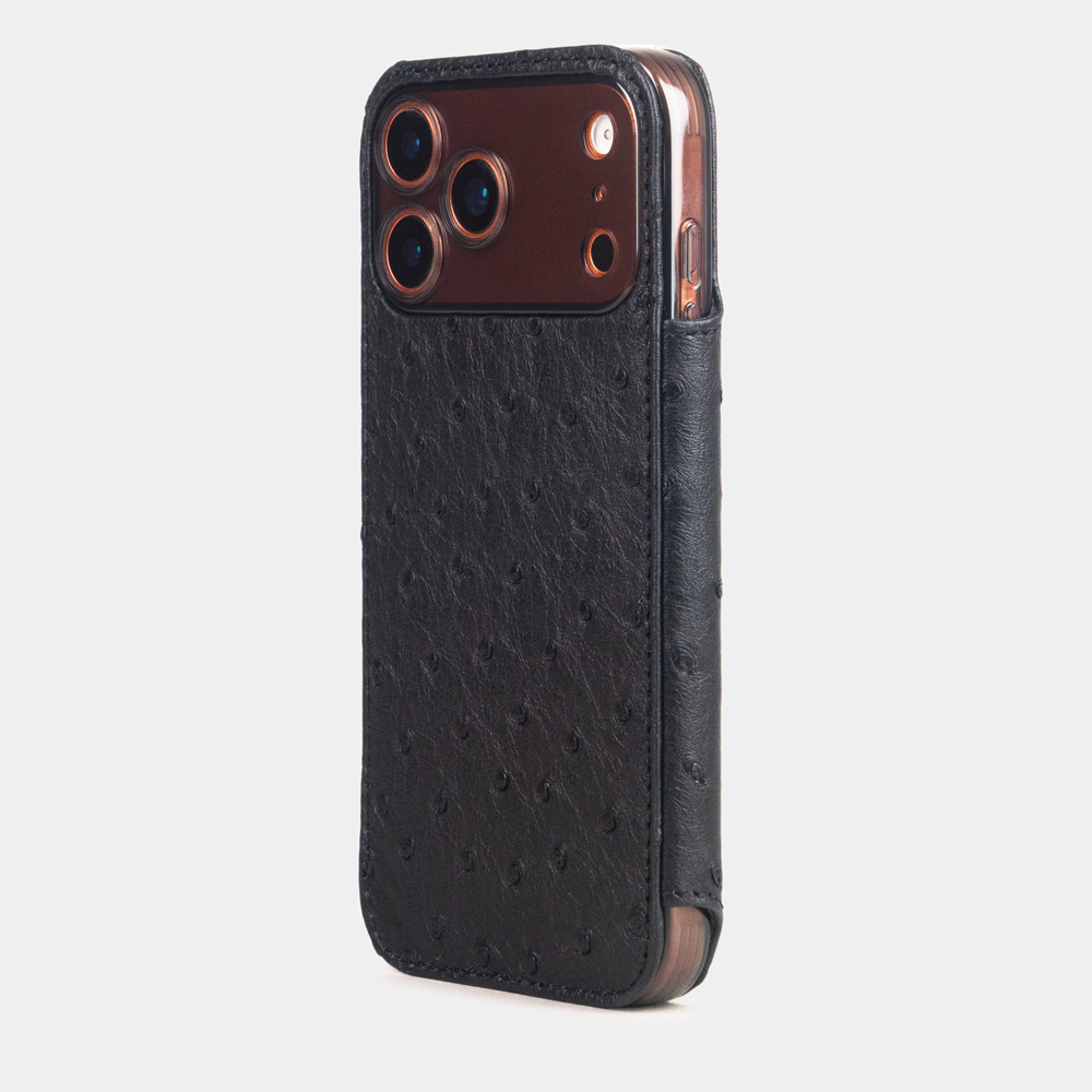 Чехол-книжка кожаная для iPhone 17 Pro Max, страус черного цвета