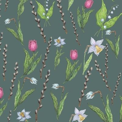 Паттерн с весенними цветами и вербой