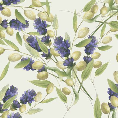 Watercolor hand painted nature provence seamless pattern with purple lavender flowers and green olives branches and leaves bouquet on the light yellow background for print design