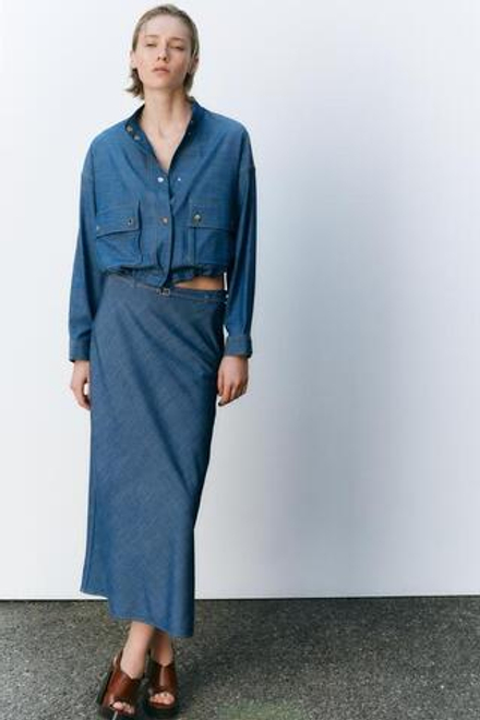 ZARA ДЛИННАЯ ЮБКА С ТОНКИМ ПОЯСОМ, СИНИЙ