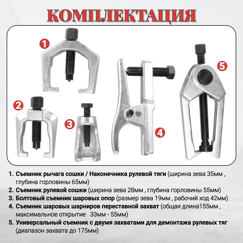 Набор съемников шаровых опор и рулевых тяг, 5 предметов /Набор съемников рулевых и шаровых соединений с изменяемой высотой