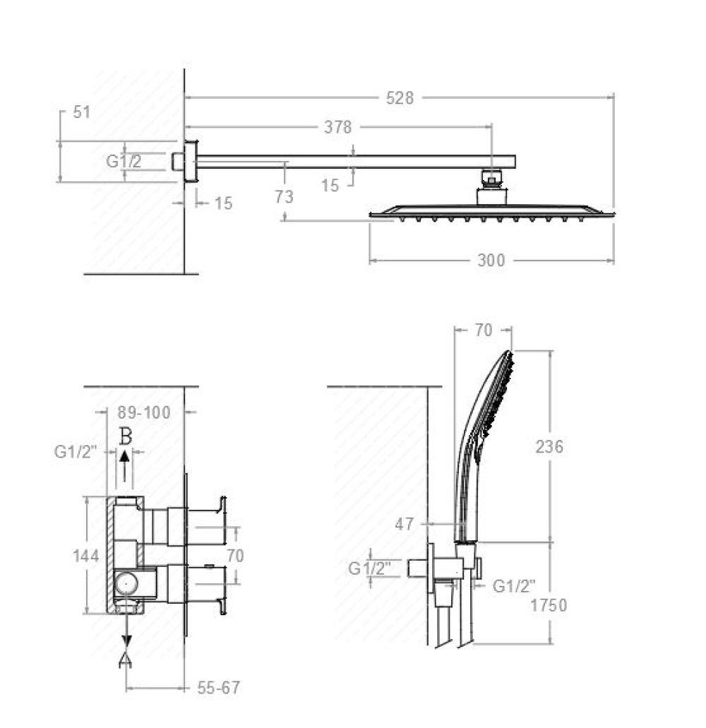 Встраиваемый термостат. смеситель для душа с троп. и ручным душем BLAUTHERM 948722RPK300CUC медь
