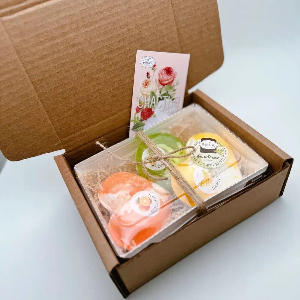 Набор бомбочек "Сердце апельсин XL, сердце банан XL + мыло лемонграсс"