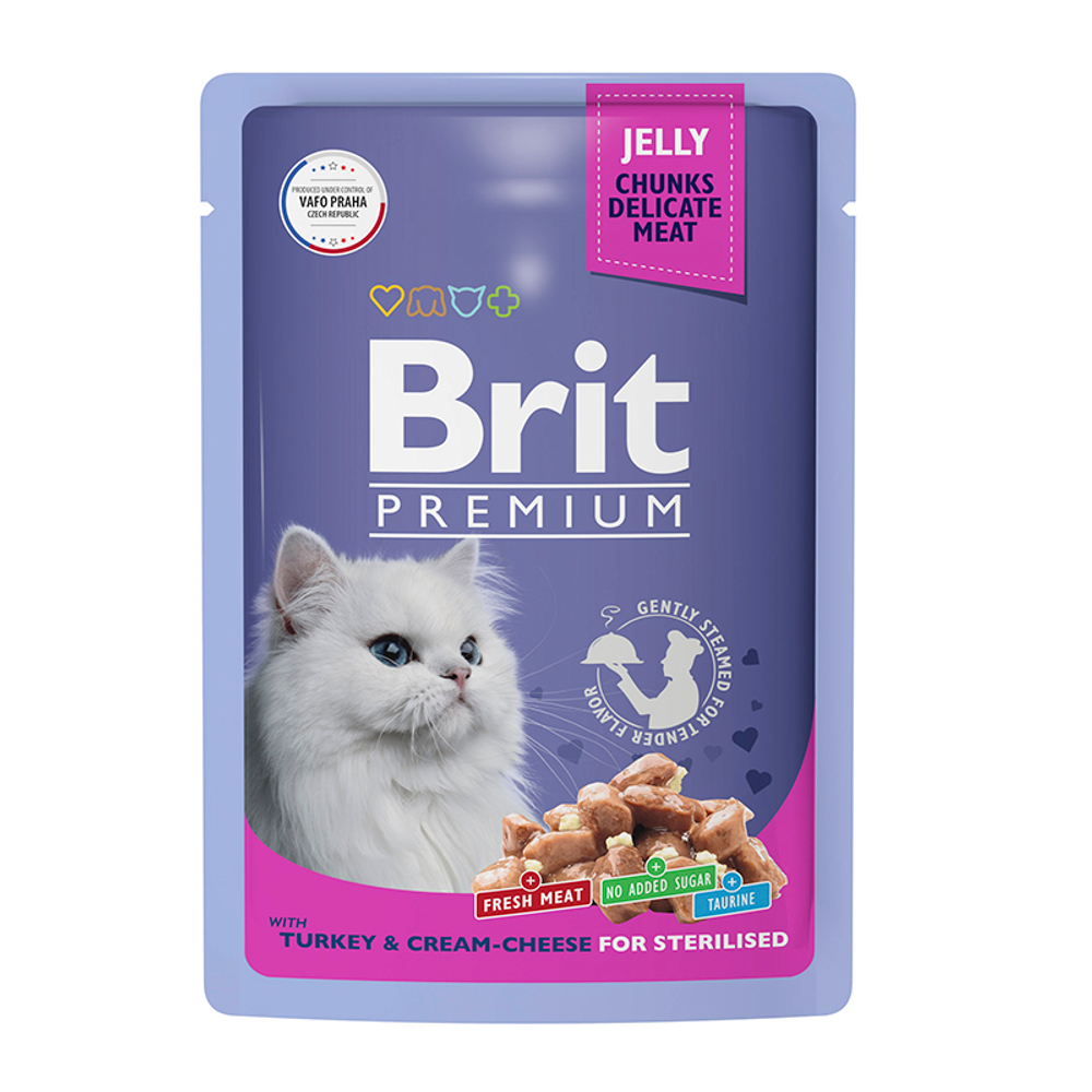 Влажный корм Brit Premium индейка и крем-сыр в желе для кастр. кошек 85 г (Брит Пауч)