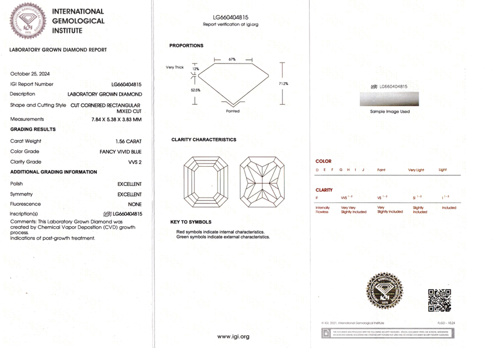 Лабораторно-выращенный бриллиант радиант 7.84 х 5.38 х 3.83 мм FancyVIVID BLUE/VVS2 1.56 ct