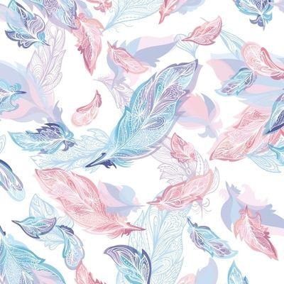 Розовые и голубые перышки на белом фоне