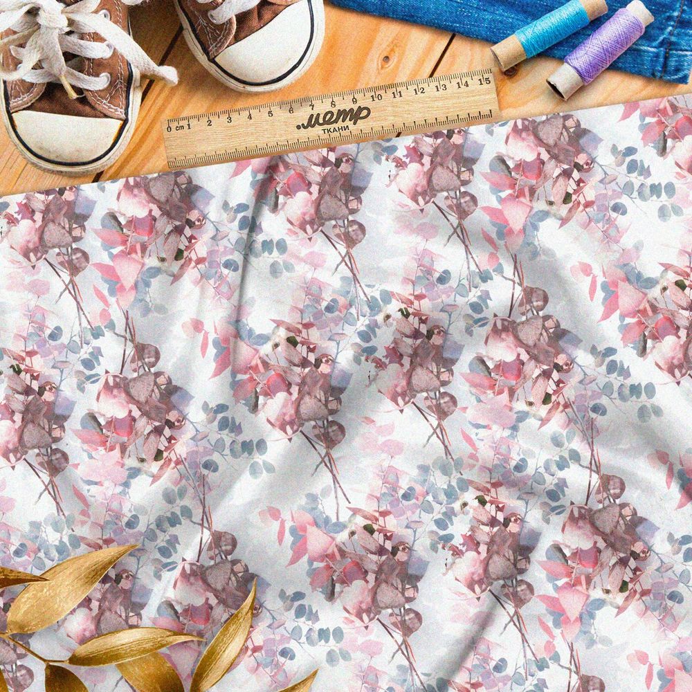 Ткань бязь цветущие ветви вишни на белом фоне