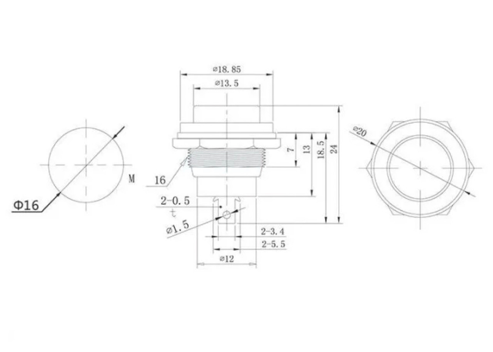 Выключатель 2-х контактный без фиксации, кнопка, 12 - 250В, 2А, TG (1 шт.)